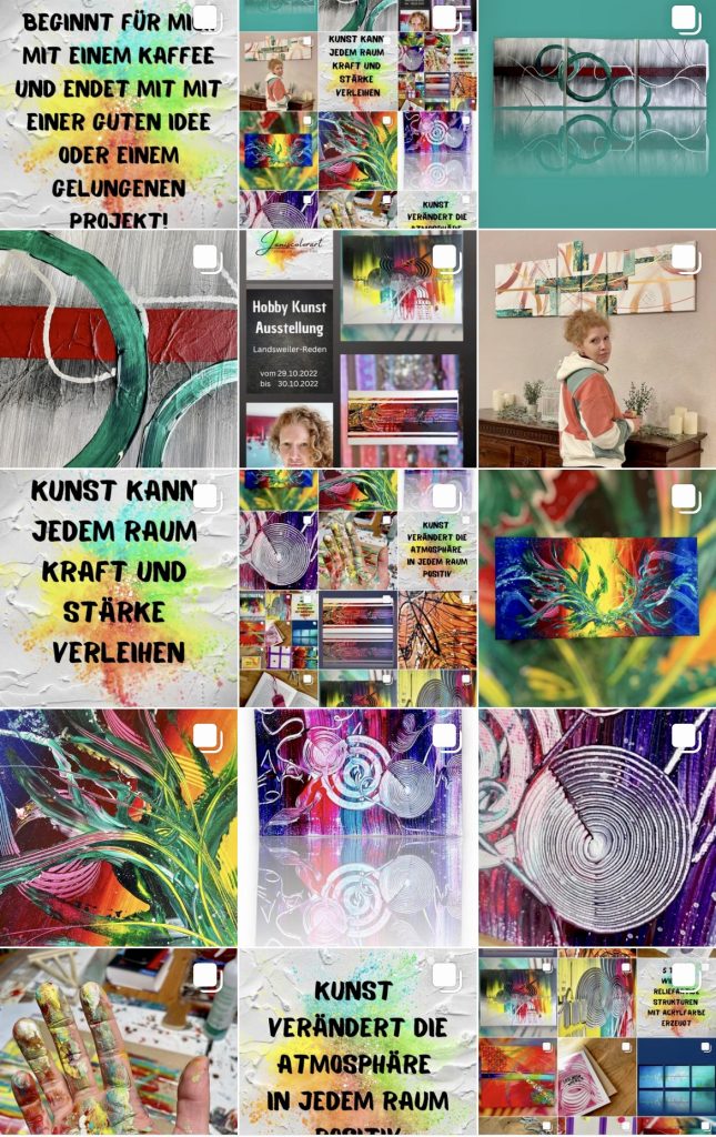 Kunstvoller Instagram Account von Janiscolorart einer abstrakten Künstlerin aus dem Saarland. Es sind verschiedene abstrakte Gemälde mit bunten Acrylfarben sowie der Künstler selbst.
