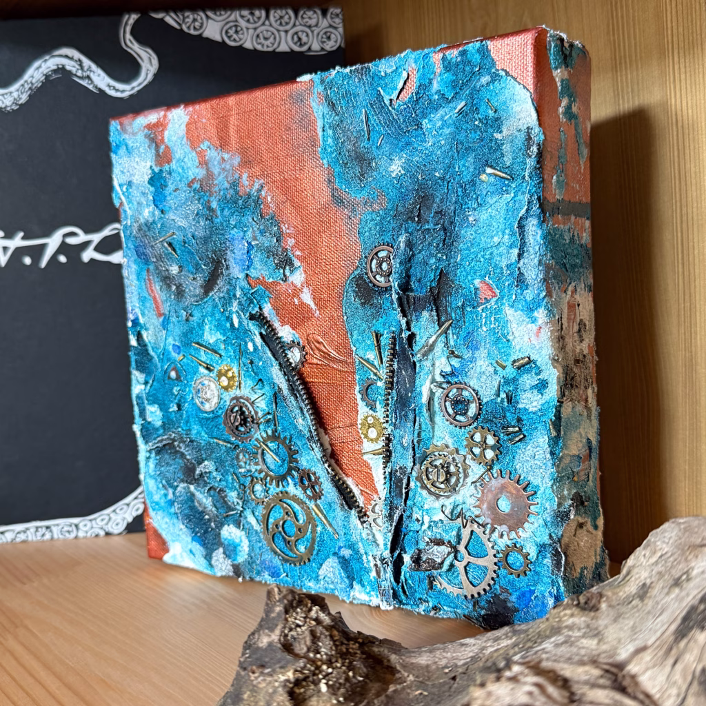 Mixed Media Gemälde von Janiscolorart mit Upcycling Elementen.