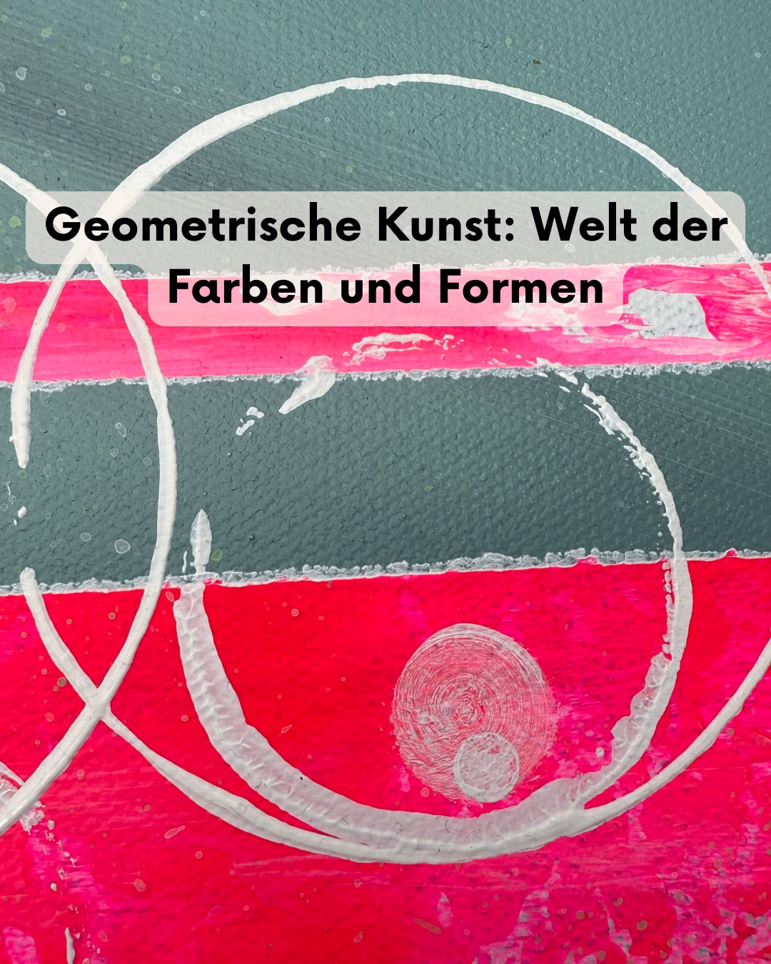 Geometrische Kunst von der Künstlerin Janiscolorart | Detail eines abstrakten Acrylbildes in Pink, Dunkelgrau und Weiß mit Kreisen und geraden Linien.