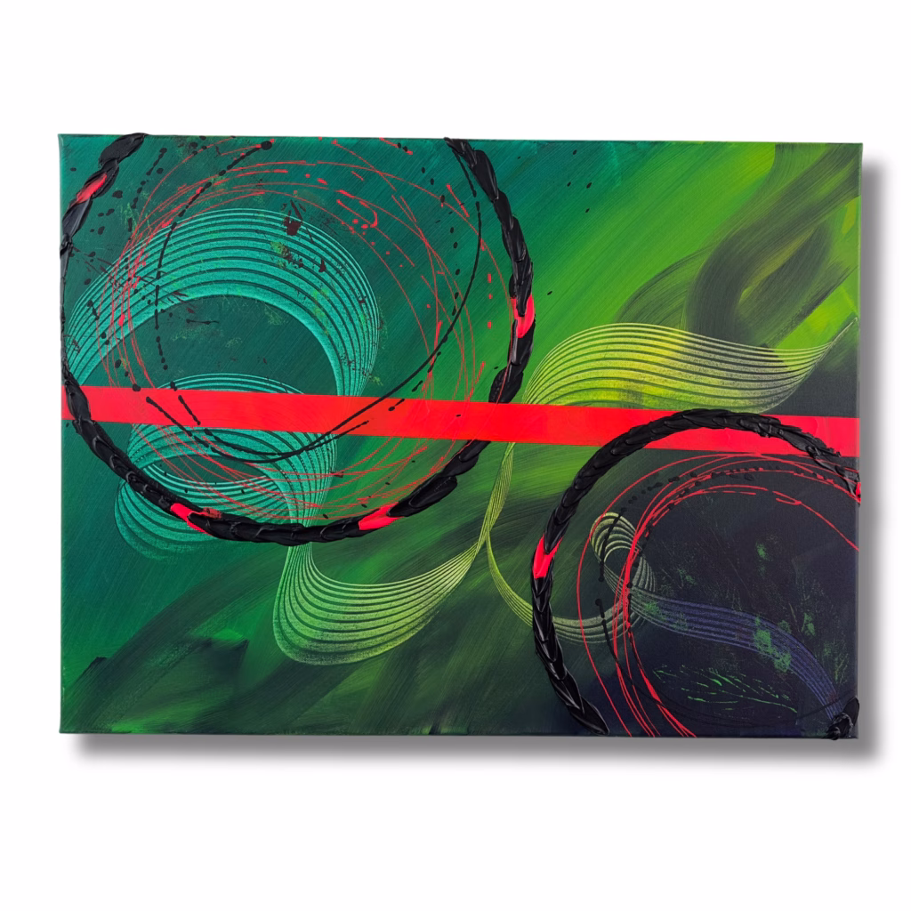 Moderne Kunst von Janiscolorart in Grüntönen und Pink.