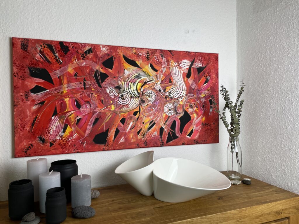 Abstraktes Gemälde 🖼️  in Rot 🔴 Schwarz ⚫️ 100 cm x 50 cm groß, mit Acrylfarben 🎨 auf Leinwand von Hand gemalt.