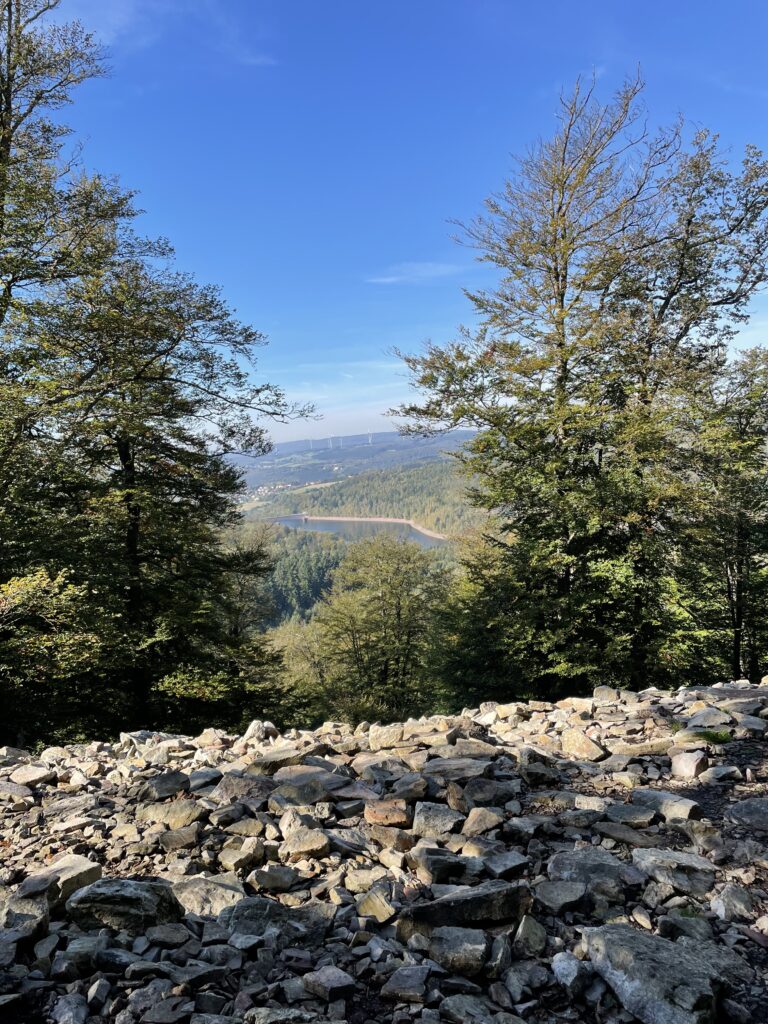 🥾 Reisetipps: Wandern im Saarland zur Inspiration - Auf dem Ringwall in Otzenhausen mit Blick auf die Talsperre in Otzenhausen, wo einst die Kelten lebten.