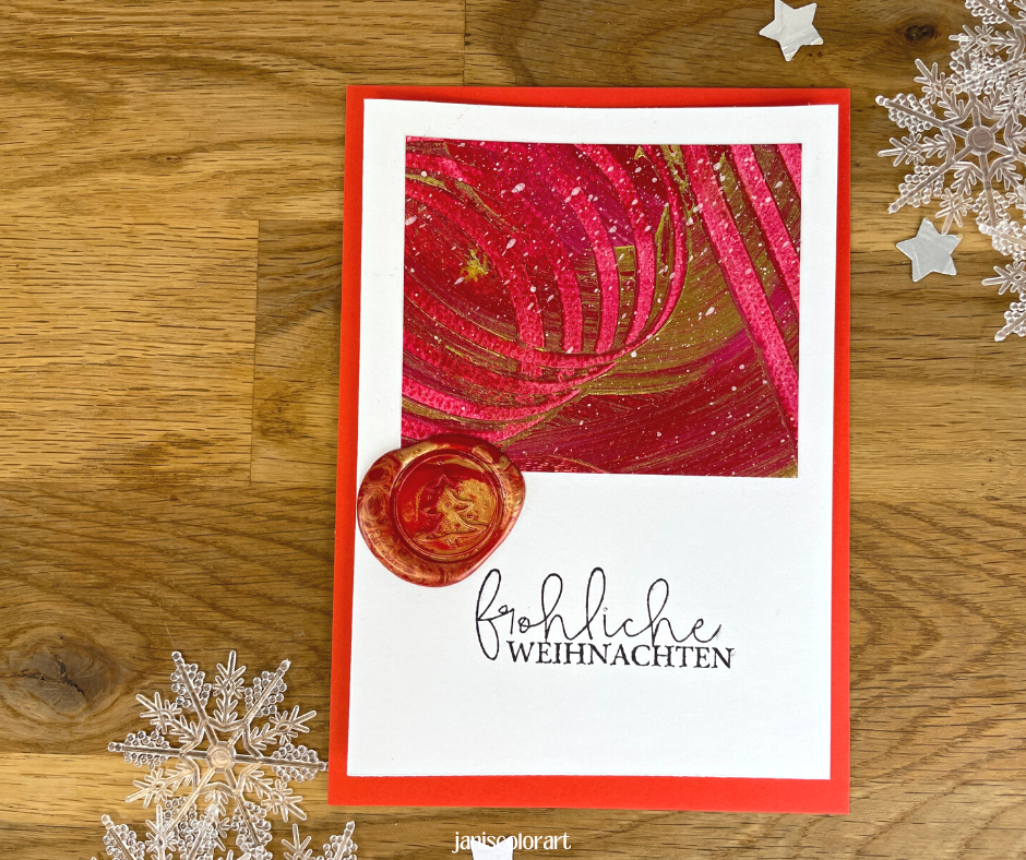 Handgefertigte Weihnachtskarten in Rot/Gold mit Wachssiegel und der Aufschrift "Fröhliche Weihnachten"