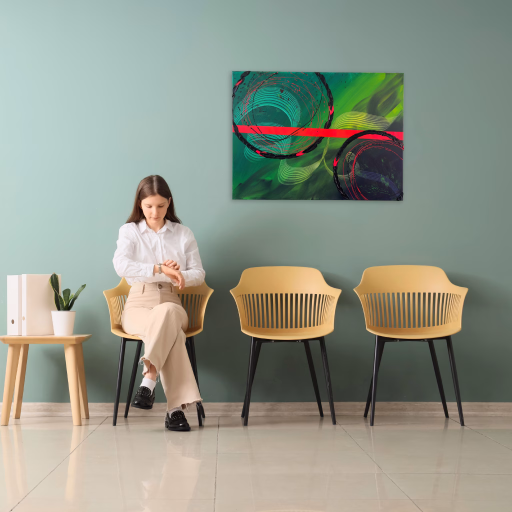 Grünes abstraktes Gemälde von Janiscolorart über modernen gelben Stühlen im Wartezimmer einer Arztpraxis.