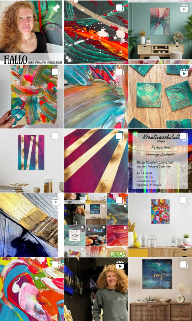 Ein Ausschnitt des Instagram Feeds von Janiscolorart. Es sind verschidene abstrakte Kunstwerke in zum Beispiel Smaragdgrün, verschiedenen Beerentönen, Königsblau, Türkis, Hellrosa und Anthrazit.