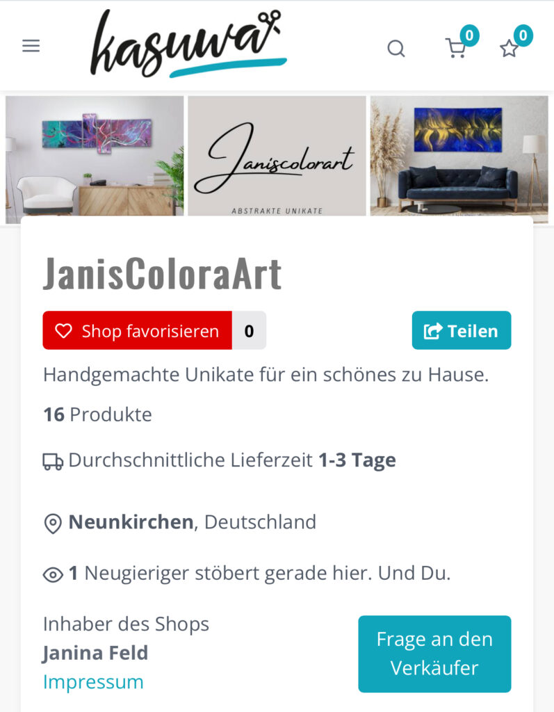 Ein Screenshot von meinem tollen Kasuwa Account. So hast du schonmal einen Vorgeschmack darauf, was dich in meinem interessanten Kunstshop erwartet.