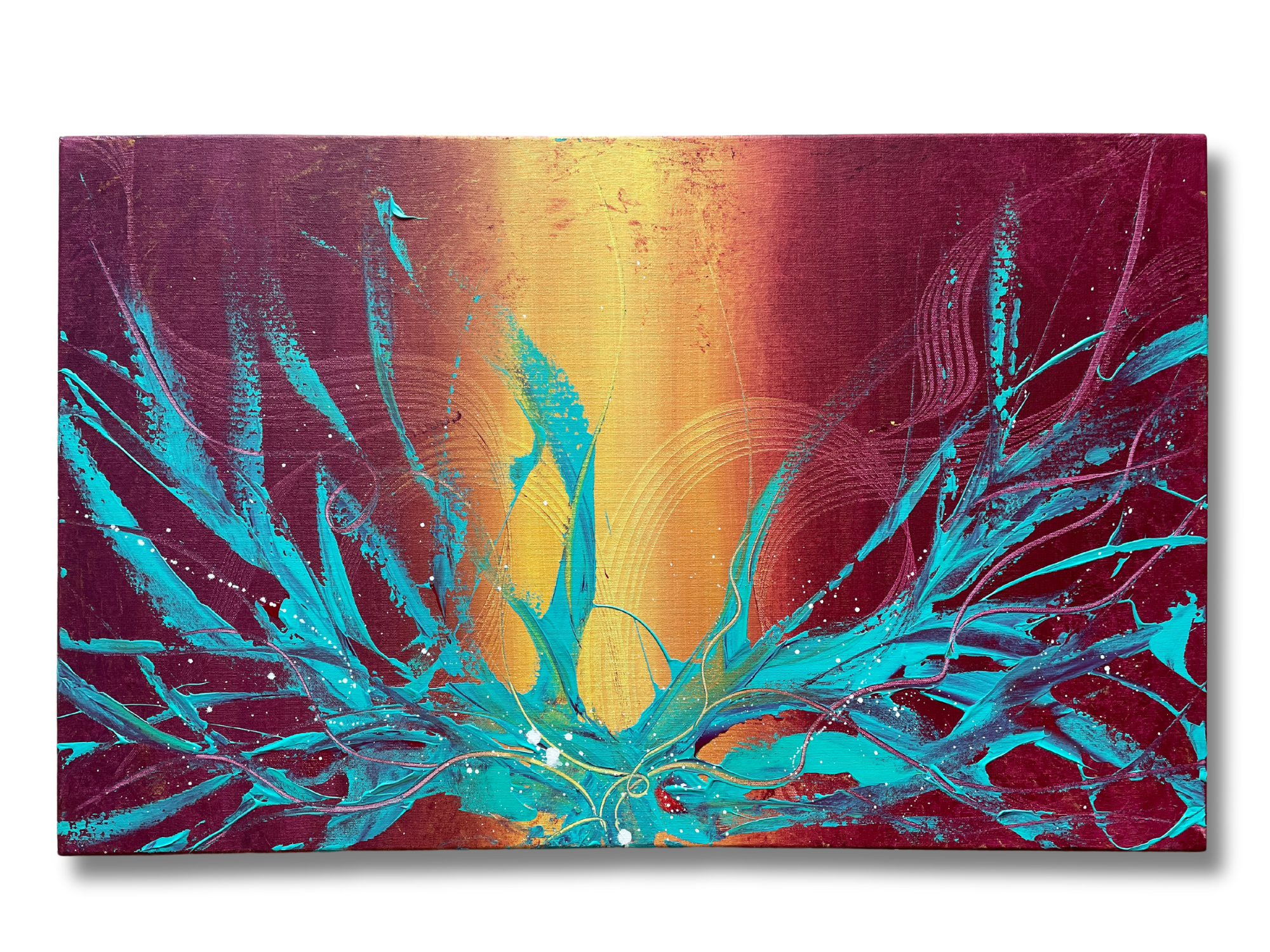 Abstrakte Acrylmalerei von der deutschen Künstlerin Janiscolorart. Das ausdrucksstarke Gemälde ist 50 cm x 80 cm groß. Es wurden sowohl hochwertige Acrylfarben als auch verschiedene Maltechniken für ein besonderes Ergebnis.