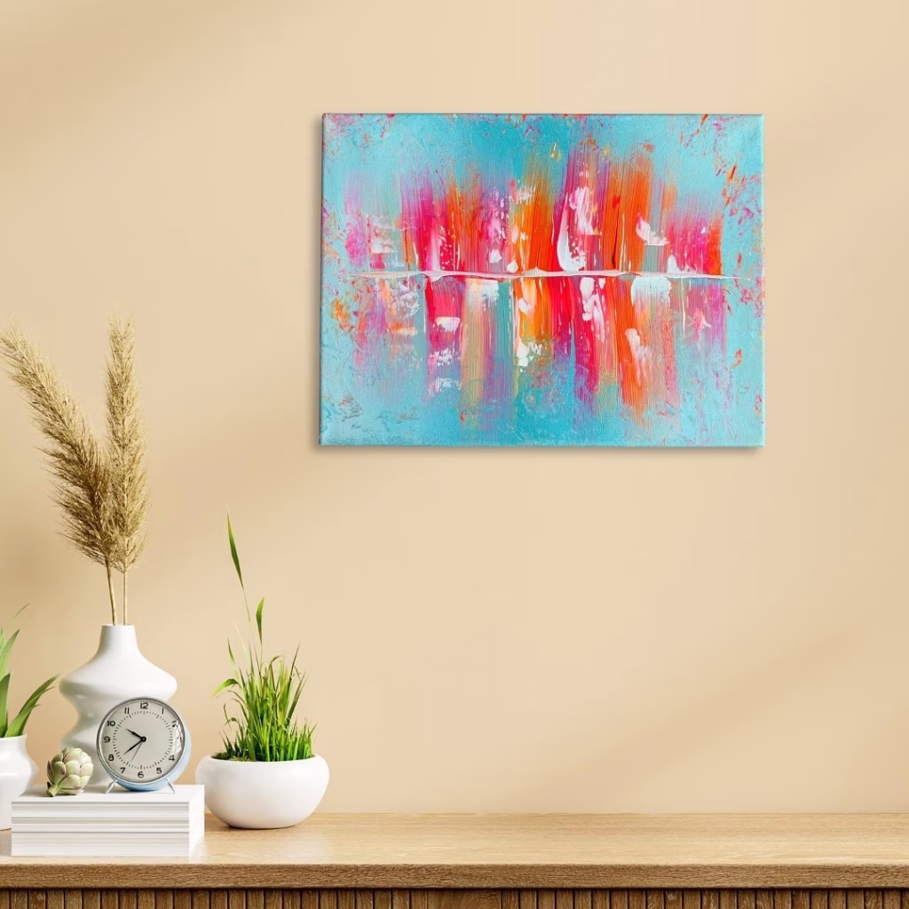 Abstraktes Acrylgemälde in den sommerlichen Farben hellblau, Pink und orange für ein karibisches Flair. Das Acrylbild wurde von der deutschen Künstlerin Janiscolorart von Hand auf Leinwand gemalt. Das Bild ist 30 cm x 40 cm groß.