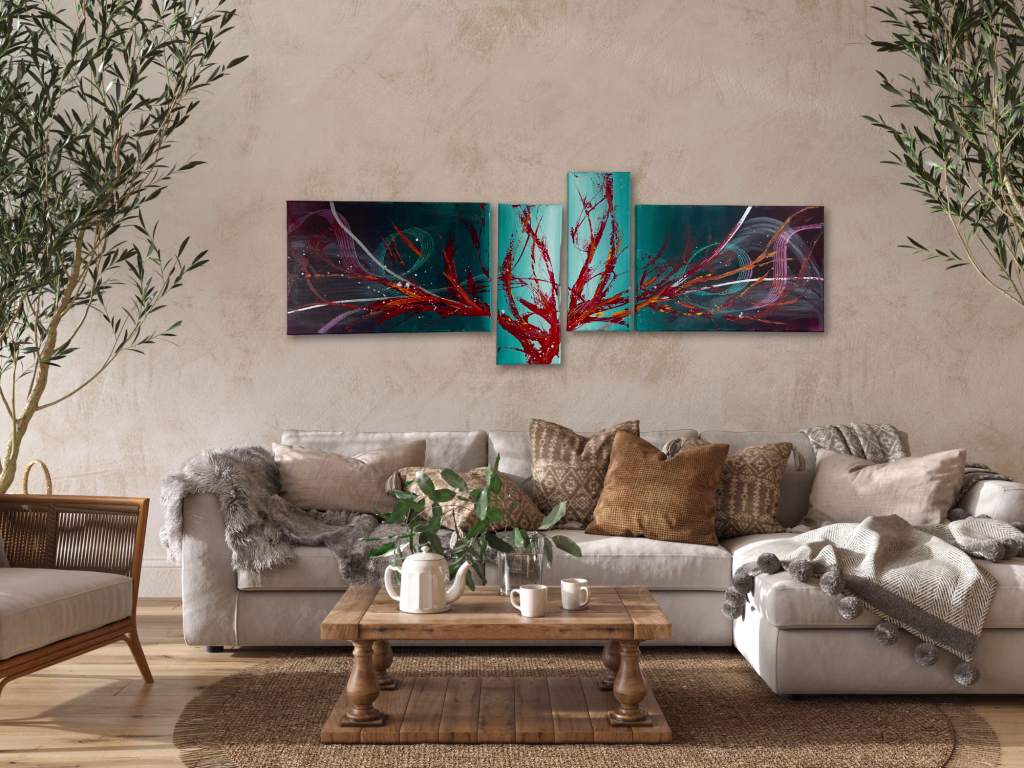 Online Kunstgalerie: Zeitgenössisches vierteiliges Wandbild der kreativen Künstlerin Janiscolorart in Türkis und Rot als beeindruckende Wandgestaltung über einer großen Wohnlandschaft.