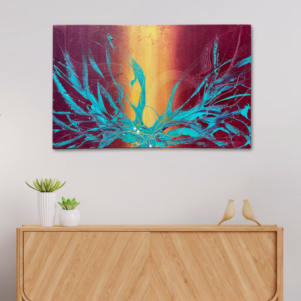 Abstraktes Acrylgemälde (Unikat) von Janiscolorart in Türkis, Gelb und Beere/Lila. Modernes Wandbild als Blickfang über einem Holz-Sideboard.