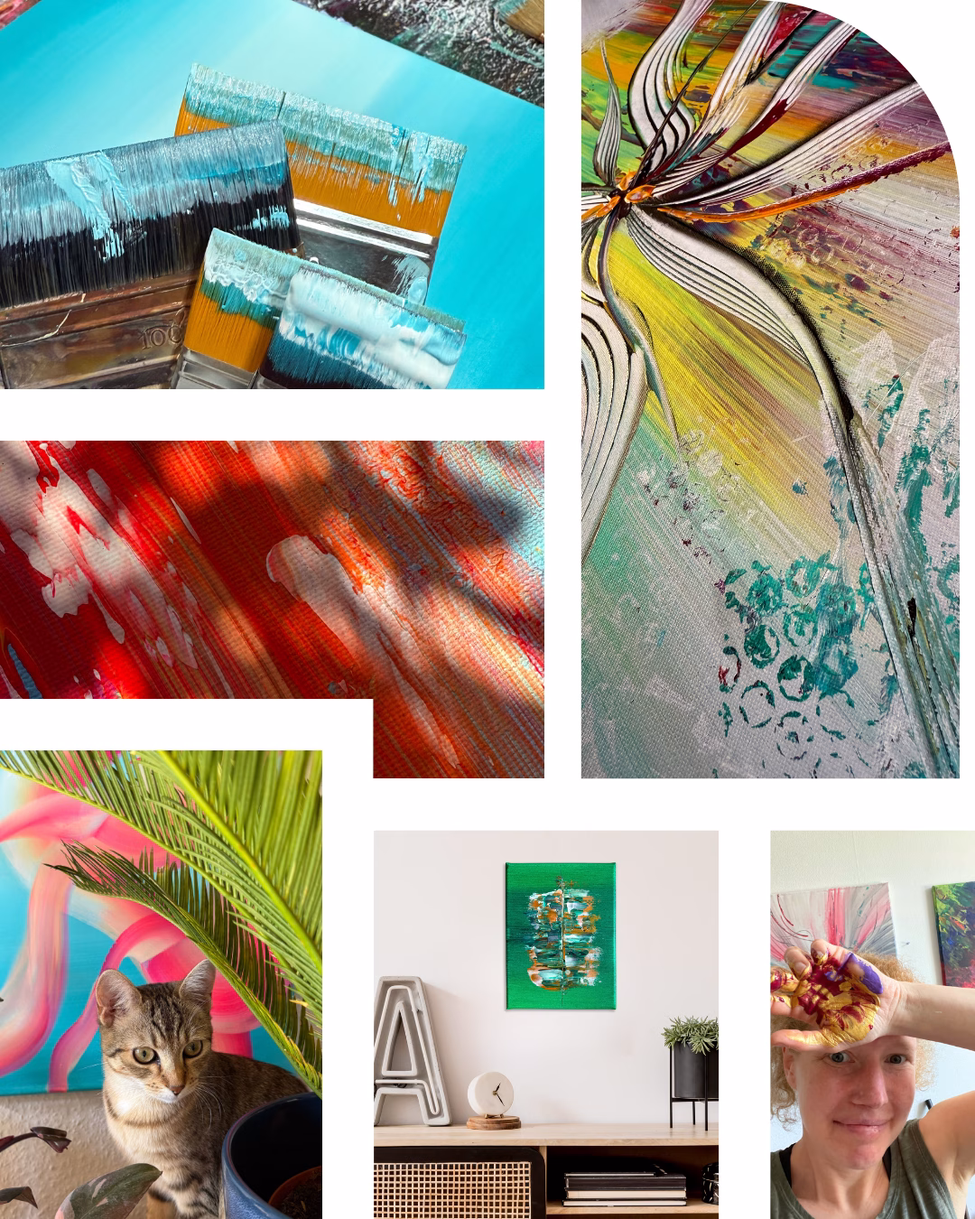Collage von Janiscolorart: Künstlerin Janina zeigt farbige Hände, Pinsel mit Acrylfarbe, strukturierte Details abstrakter Gemälde, Atelier-Katze und ein grünes Unikat im stilvollen Interieur. Zeigt den kreativen Prozess und die Emotionen hinter handgemalter abstrakter Kunst aus dem Saarland.