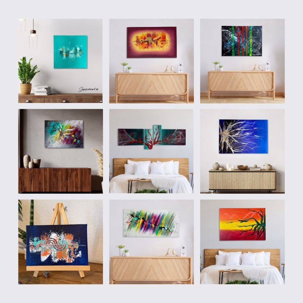 Online Kunstgalerie von Janiscolorart: Eine Collage aus 9 Mockups, die die Vielfalt der abstrakten Acrylbilder und Unikate im Wohnambiente zeigt.