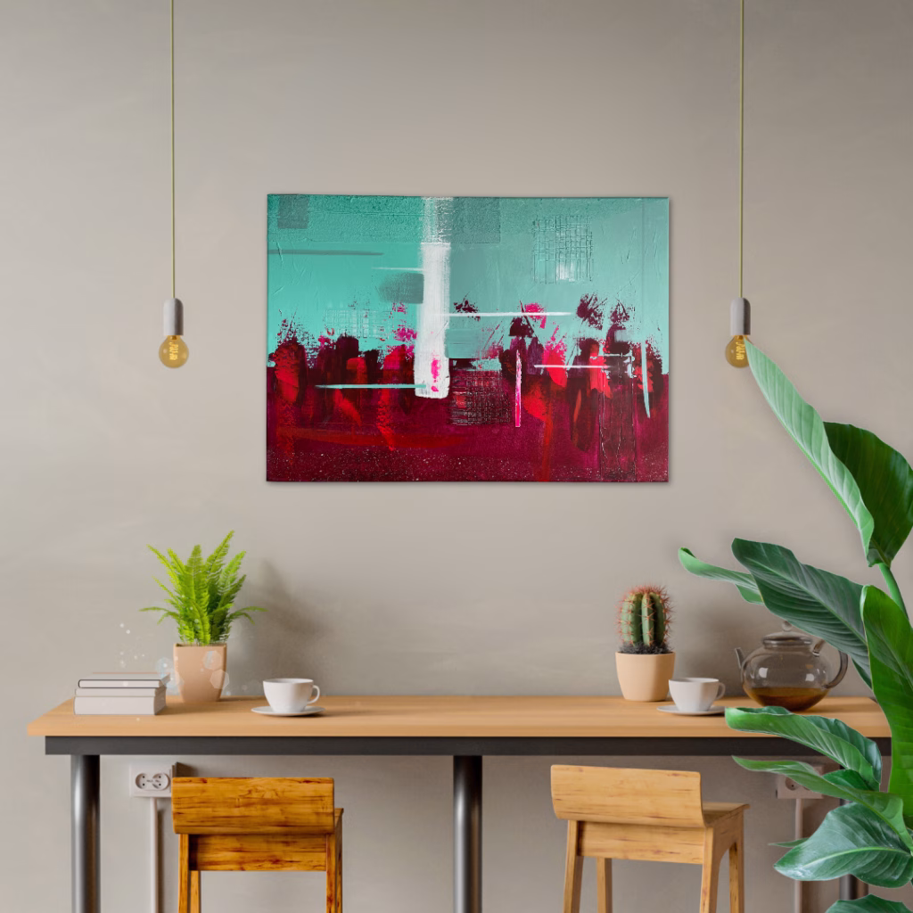Online Kunstgalerie: Handgemaltes abstraktes Gemälde der Künstlerin Janiscolorart in kräftigem Rot und Türkis als Wandgestaltung für ein modernes Esszimmer. 