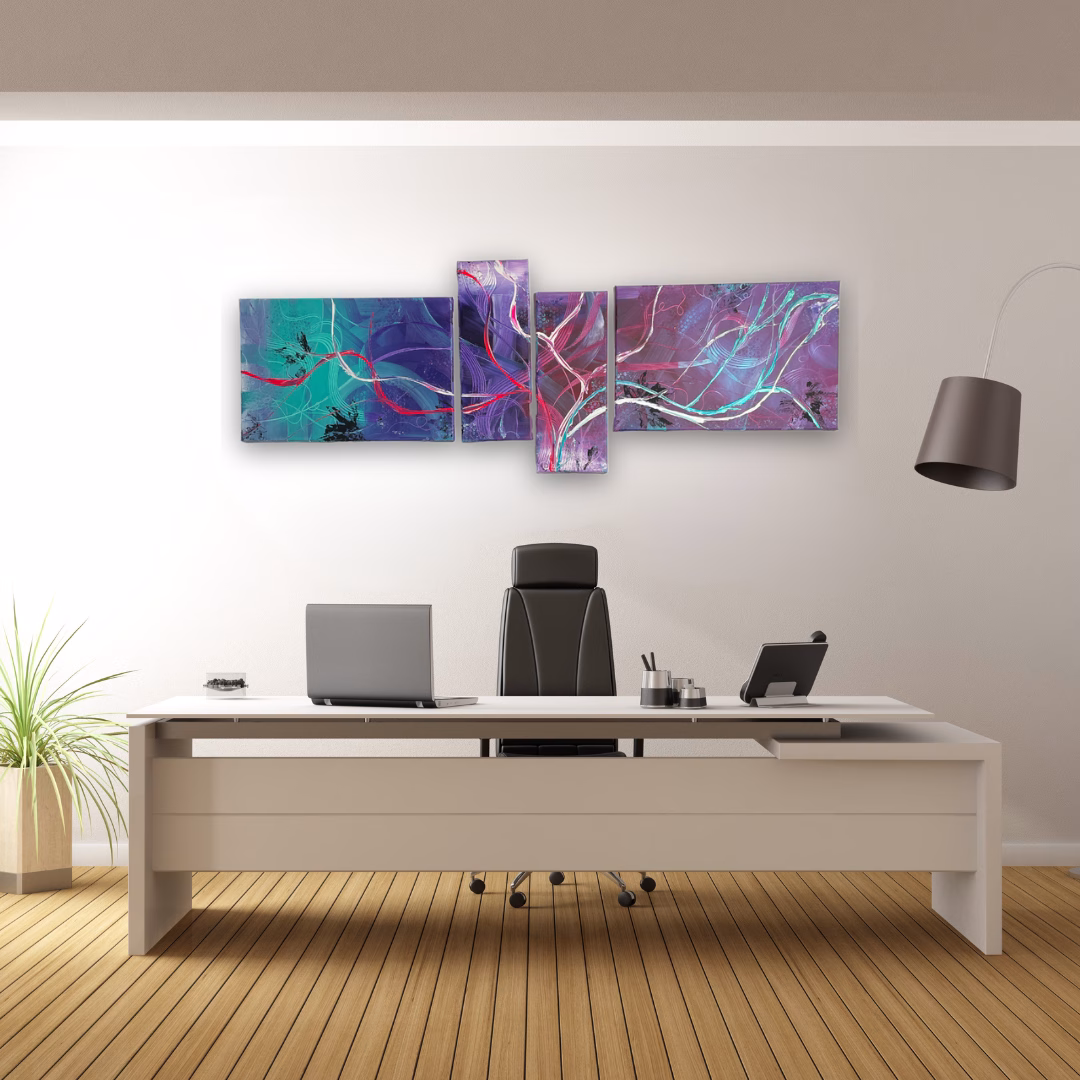 Abstraktes Unikat in Lila Türkis für modernes Büro und Empfangsbereich – Originalkunst Janiscolorart