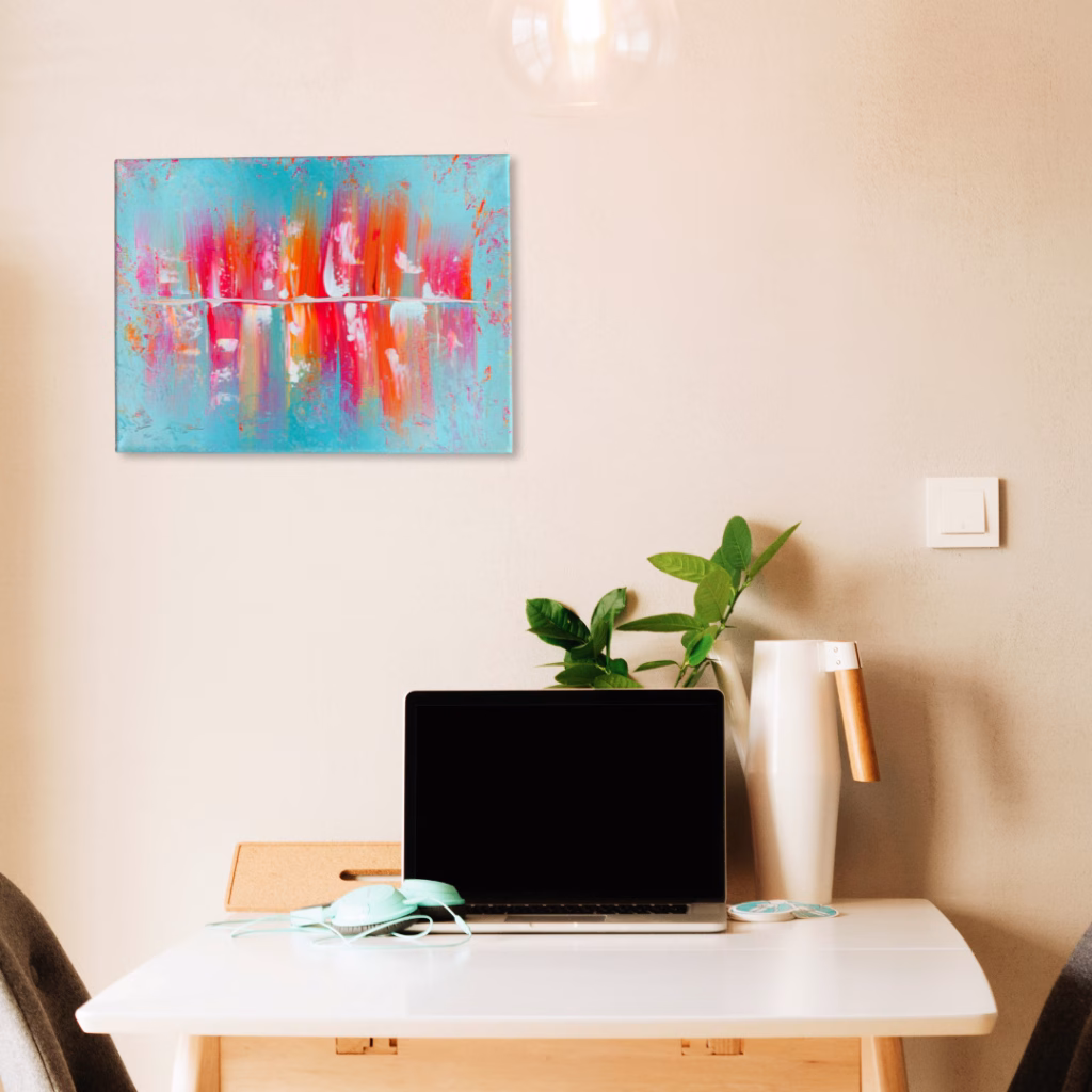 Abstraktes Acrylbild Unikat in Türkis Orange für Homeoffice Deko – Motivierende Kunst von Janiscolorart aus Deutschland