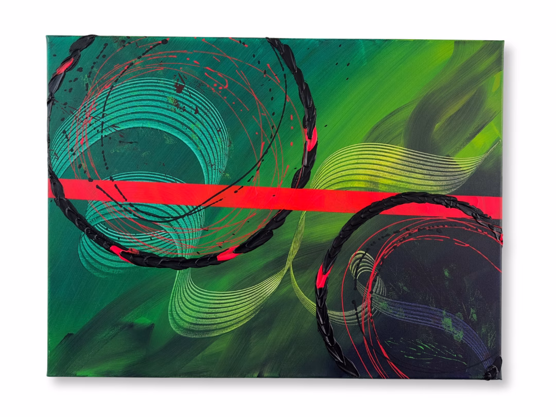 Abstraktes Acrylbild in verschiedenen Grüntönen und Pink als Akzent. Maße: 60cm x 80cm.