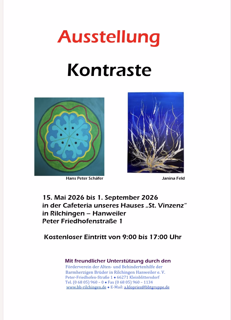 Plakat für Kunstausstellung "Kontraste" von 15. Mai bis 16. September im Haus St. Vinzenz Rilchingen Hanweiler.