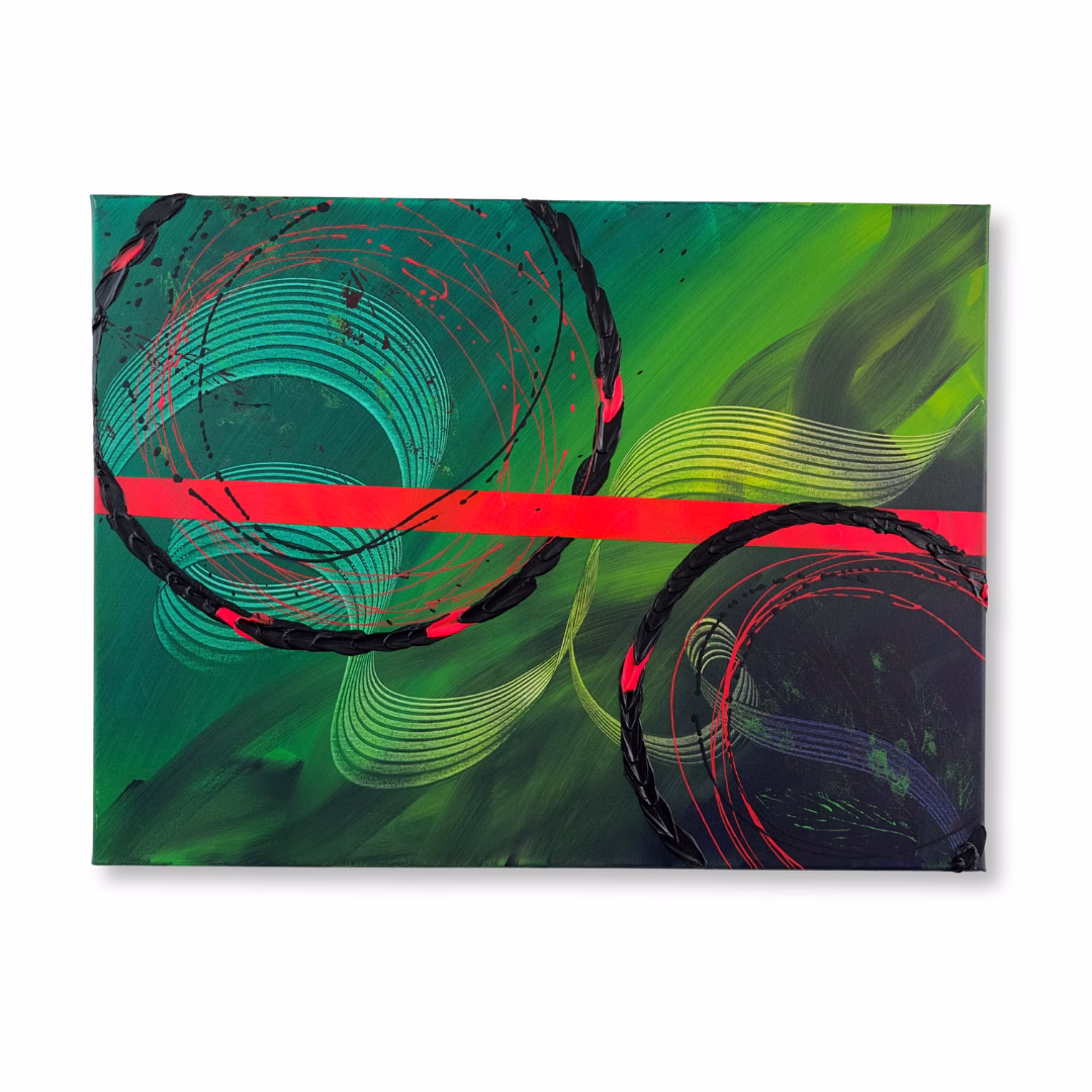 Abstraktes Acrylgemälde in Grüntönen und einem Neon roten streifen in der Mitte.