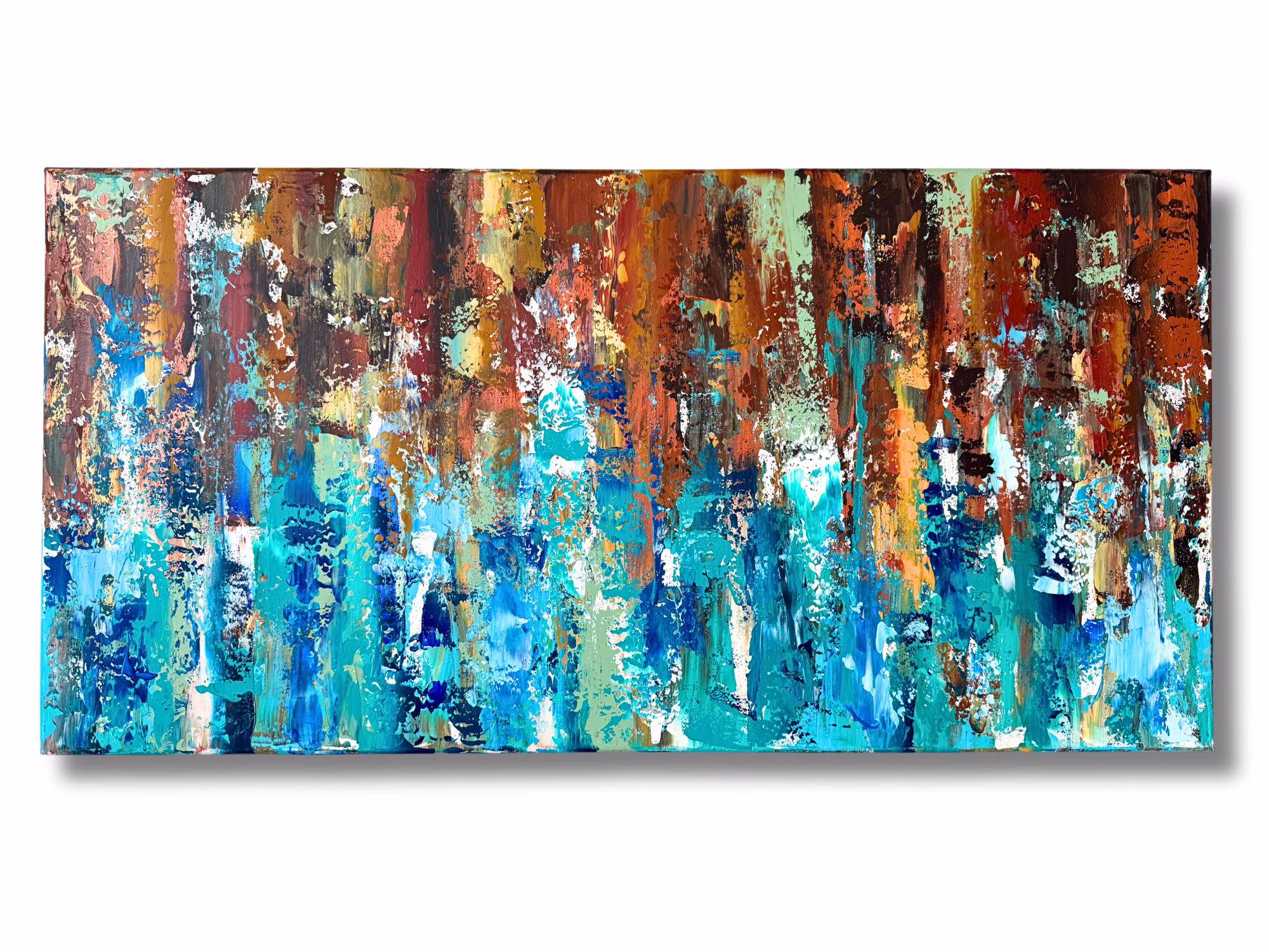 Abstrakte Acrylmalerei von der deutschen Künstlerin Janina Feld. Das Leinewandbild wird von verschiedenen Blautönen und Brauntönen beherrscht. Das Kunstwerk wurde mit Acrylfarben von Hand auf Leinwand gemalt und ist 100 cm x 50 cm groß.