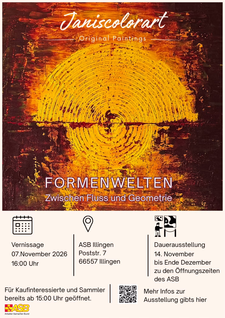 Plakat zur Vernissage im ASB Illingen von Künstlerin Janiscolorart.